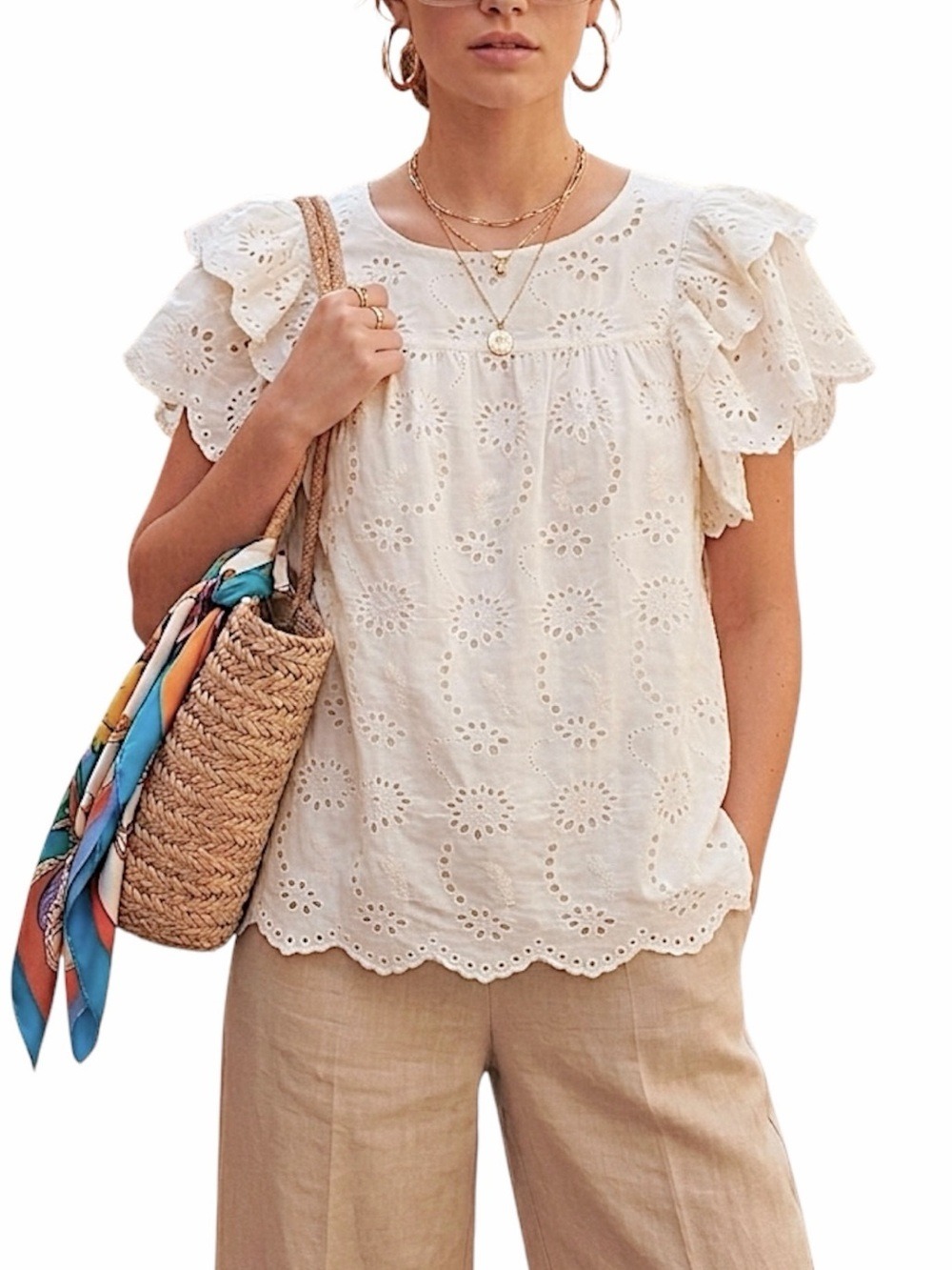 Industry cream cotton broderie anglaise eyelet lace ruffle sleeve top blouse XS